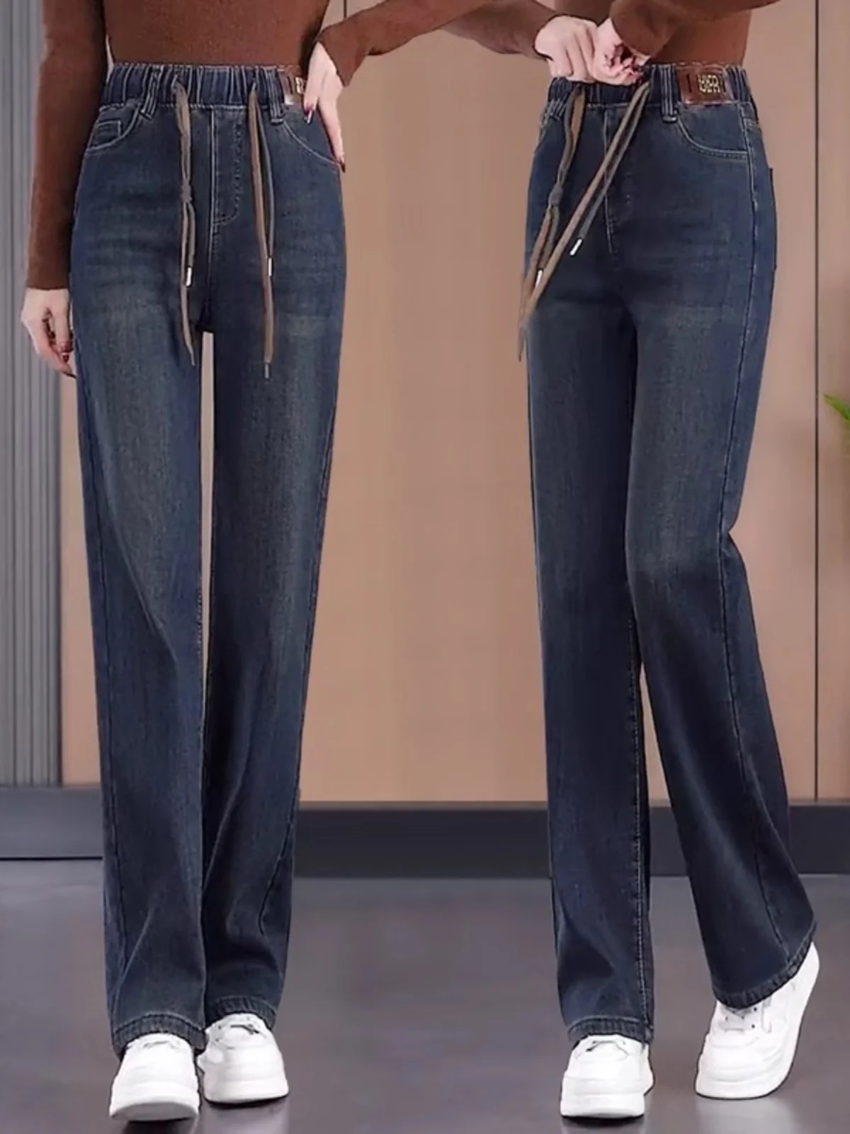 

Джинсы с высокой талией и эластичной резинкой на талии, женские джинсы весна-осень 2024, новые свободные прямые повседневные широкие брюки Fce