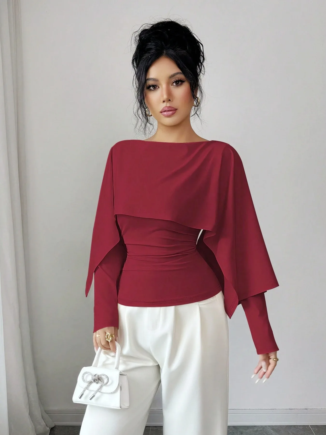 Elegante, schlanke, einfarbige Cape-Bluse für Damen, langärmelig, zweiteilig aussehend, figurbetont, schick, für Büro, Abend, Party, Dating, Alltag. – Detail 25