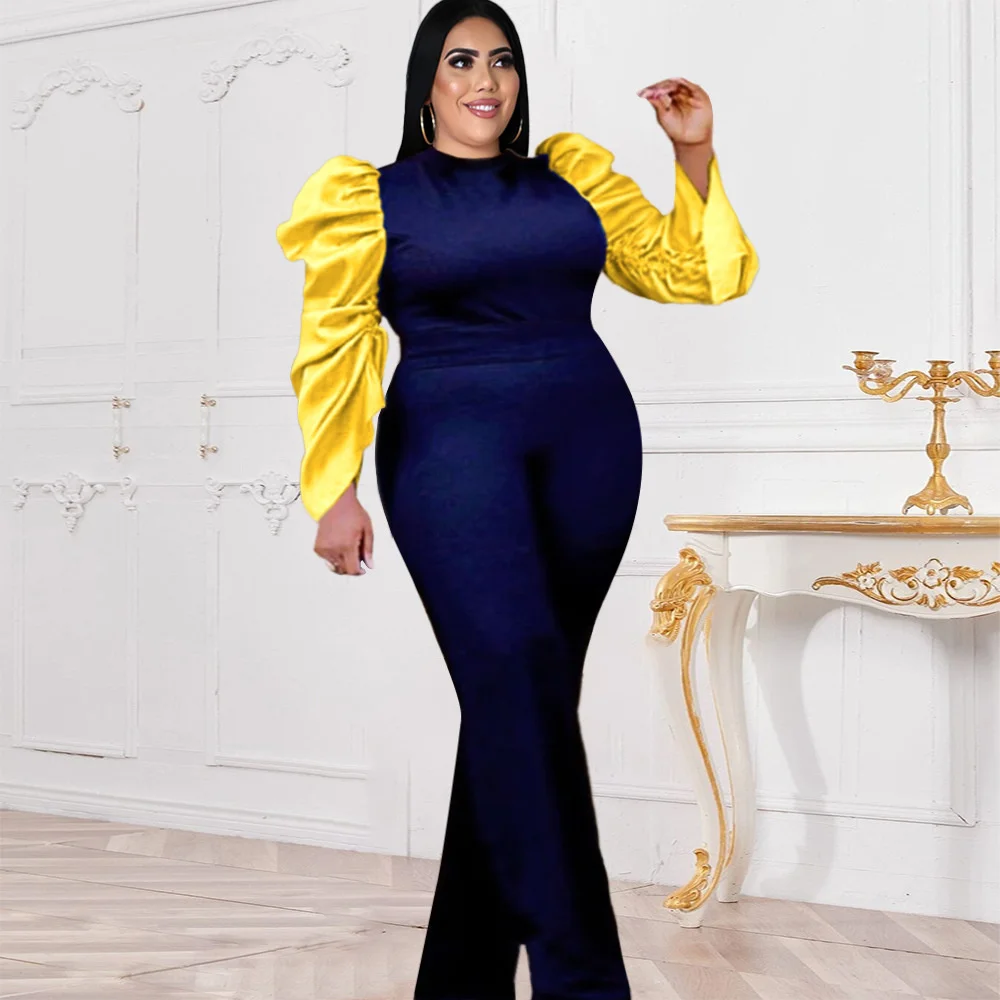 Grote Maat Commuter Comfortabele Slim Fit Ademend Onepiece Broek Vet Haalde Geplooide Mouwen Werkplek Plus Size Jumpsuit