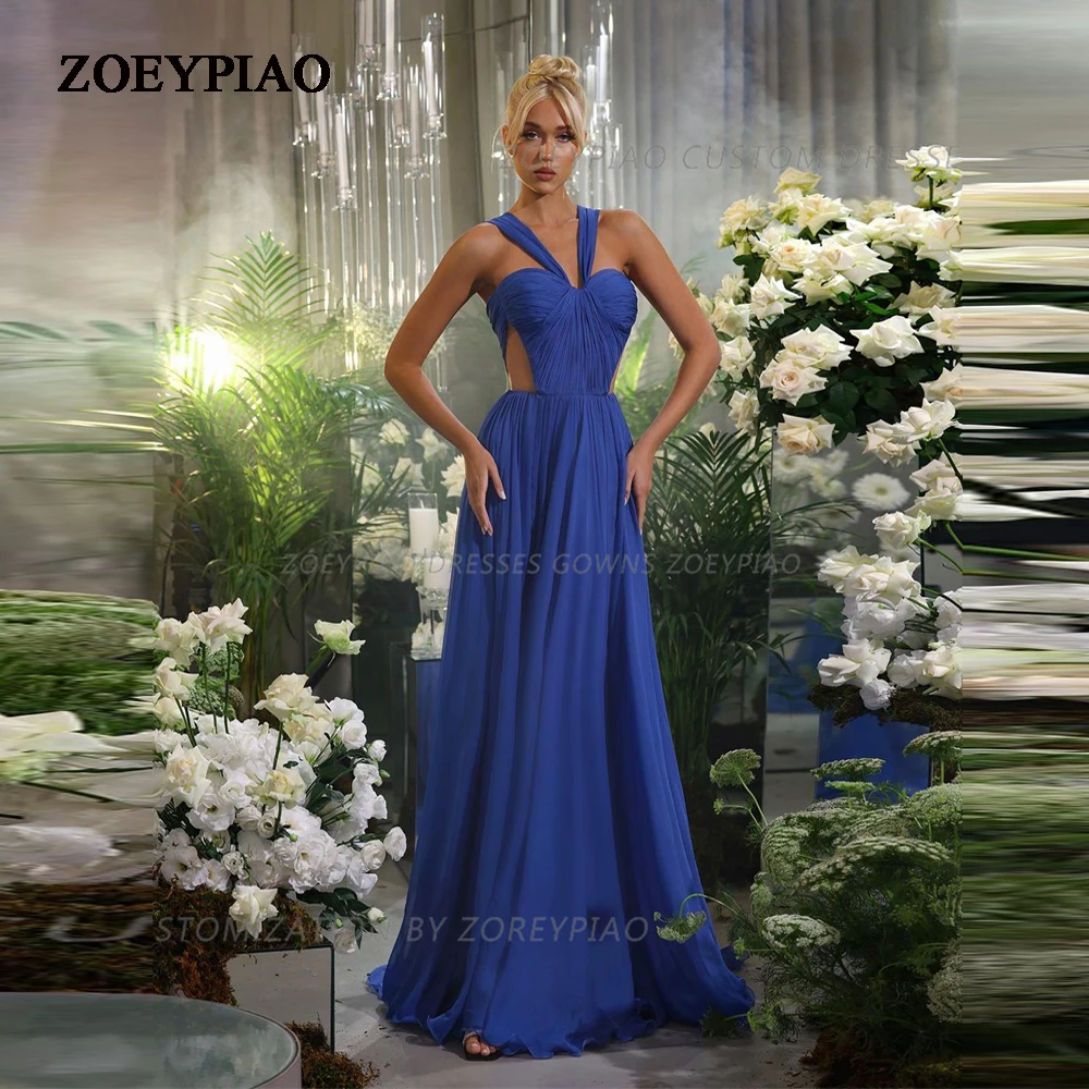 

Royal Blue Chiffon Halter Evening Gown 2023 Pleat Long Sleeveless Formal Special Occasion Prom Dresses Gowns Robes De Soiree