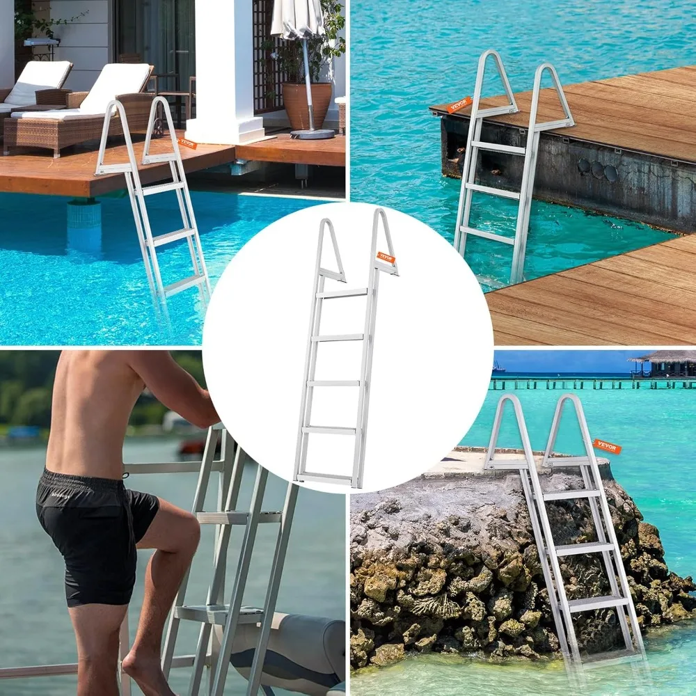 Adjustable Dock Ladder with 3 to 5 Steps, 350 to 500 Pounds Capacity, Aluminum Material, Non-Slip Design for Pontoon Boats