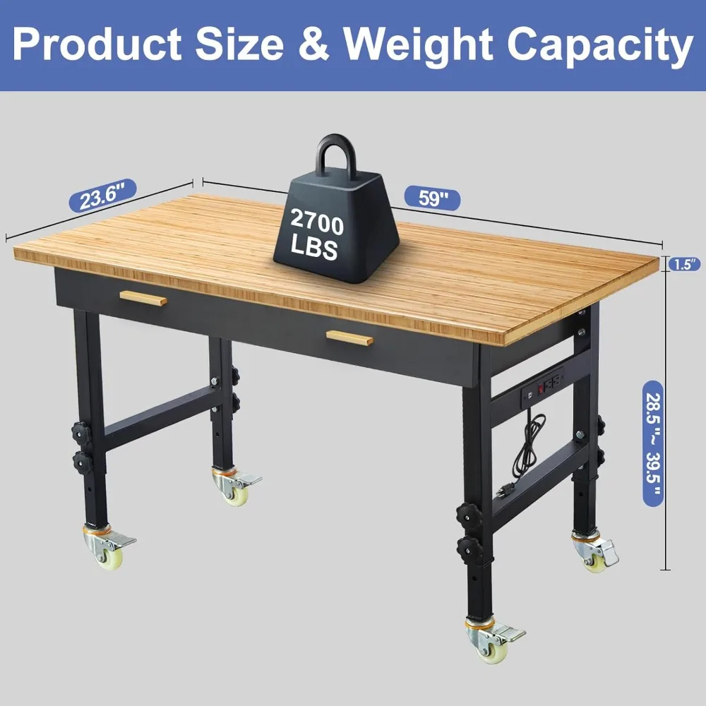 Banco de trabajo ajustable de 60 pulgadas, mesa de trabajo de bambú resistente para garaje, carga de 2700 libras