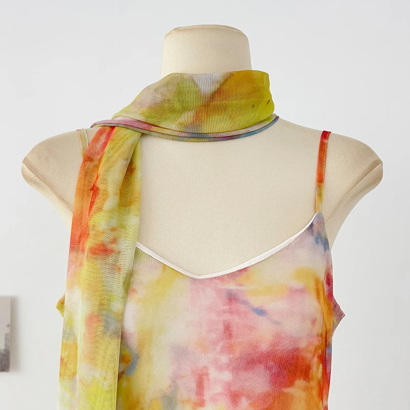 French Style Ombre Oil Painting Cami Dress Women Summer Beach Vacation Style High-Waist A-Line Pleated Bodycon Skirt Dress