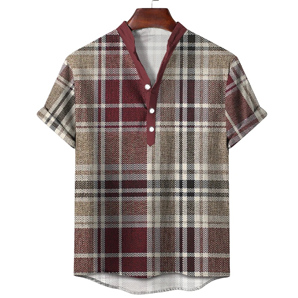 Camisas Vintage para hombres, ropa de calle informal con estampado de celosía, cuello levantado, manga corta, suelta, hawaiana, ropa de verano