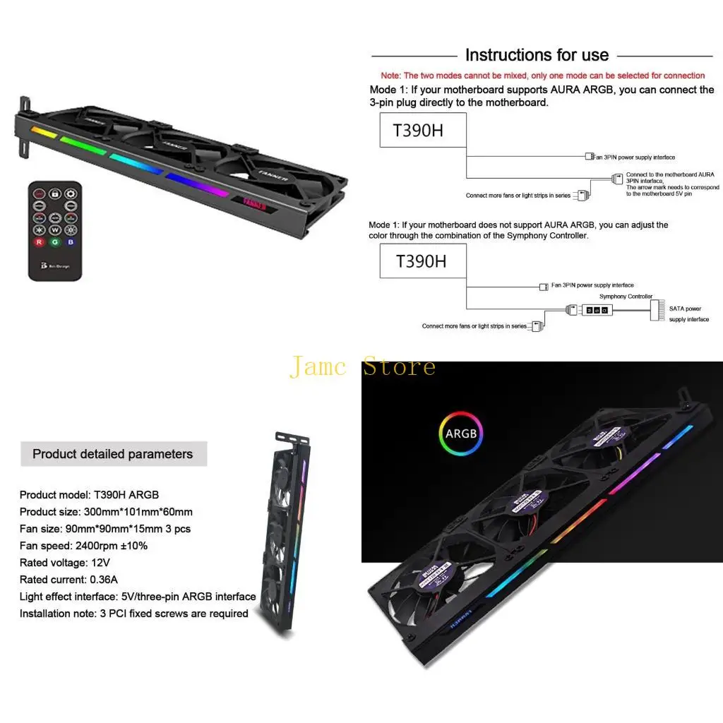 LX0B T390H Ventilation Device 3 x 90mm High Speed VGA Fan Graphics Card Cooling Fan 5V 3Pin 0.36A with ARGB Light Strip