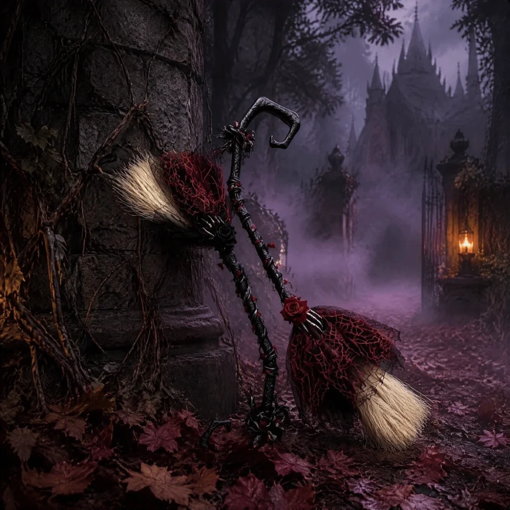 Scary Prop Gothic Style Witch Broom Red Rose Black Tulle Witch Hat Handmade Bowknot Lolita Style Magic Wand Home Decor