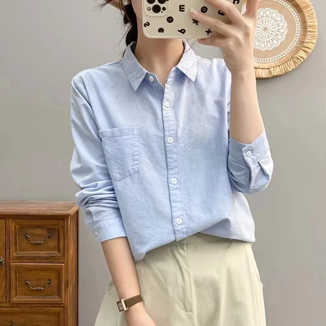 

High Quality Women 100% Cotton Blouse Shirt Cotton Oxford Spinning Blue and White Strip Spinning Shirt Women's 2025 Autumn Tops