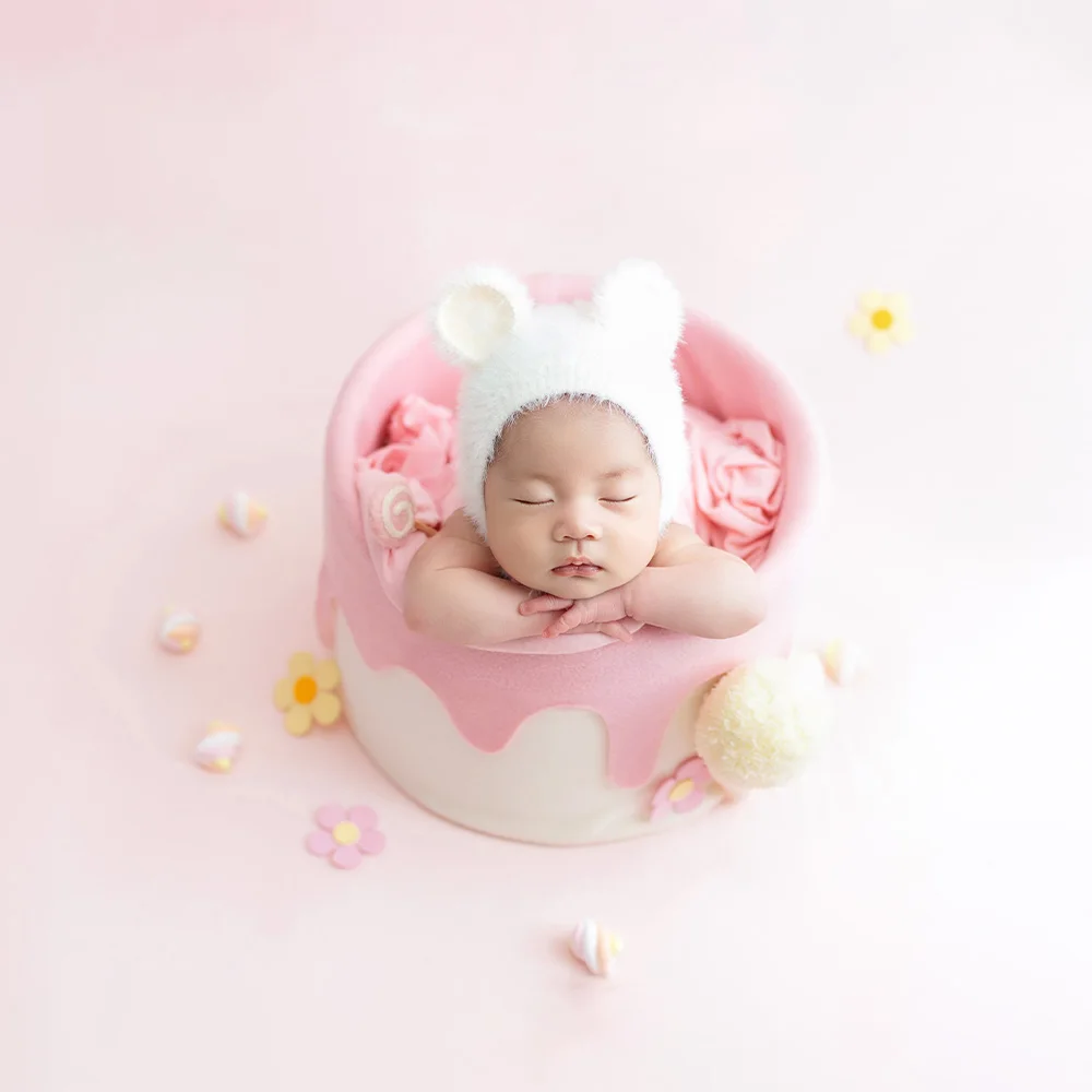 Newborn Photography Props Kit Adorable Pink Theme Knitted Bear Hat Felt Decor Flower Photo Studio 0-1 Month Baby Shooting Props