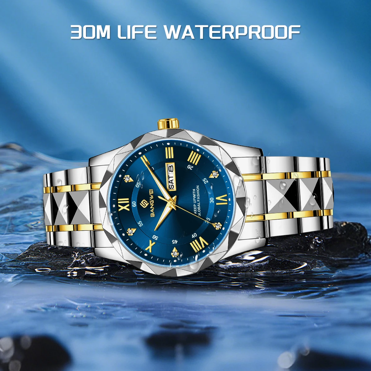 BANGWEI ساعة كوارتز نسائية أنيقة فاخرة موضة كلاسيكية بسيطة من الفولاذ المقاوم للصدأ تاريخ تلقائي مقاوم للماء ساعة يد للسيدات الماسية #4