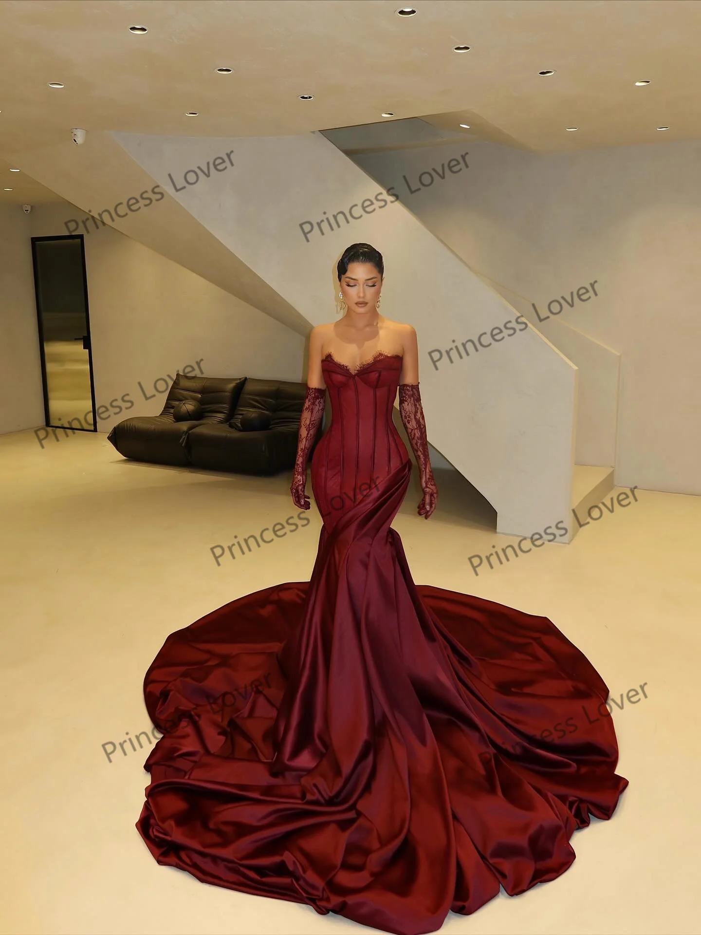 Abiti da sera rosso vino Corsetto in pizzo Tromba Abito per party di matrimonio Personalizzato Sweep Train Abito da ballo Abiti formali eleganti