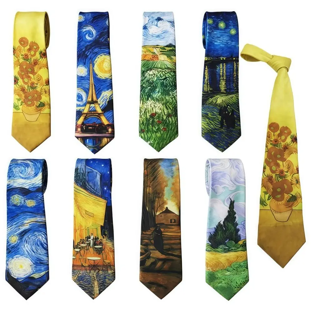 Unique Flower Oil Painting Men's Ties Vintage Van Gogh Casual Necktie Polyester Slik Soft Smooth Bow Tie Shirt Party Accessories