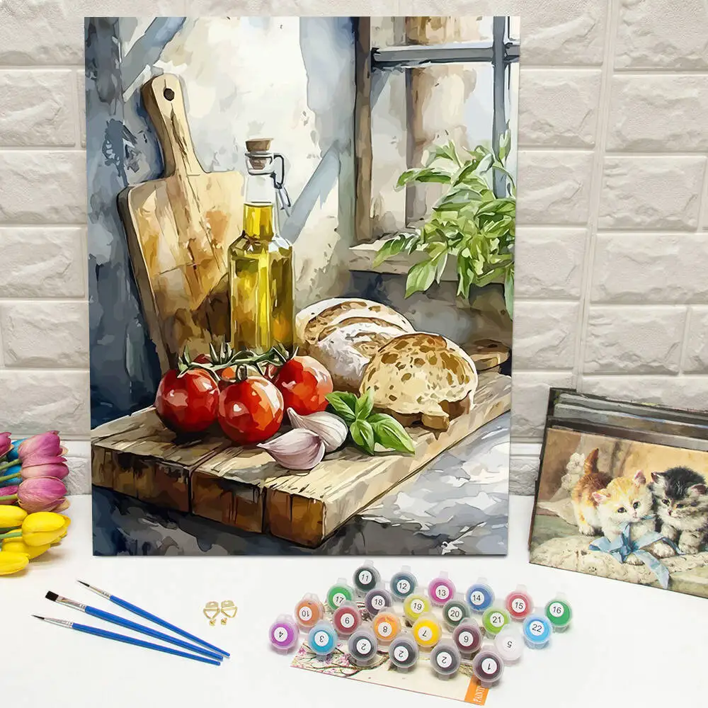 Pintura al Óleo Digital DIY, Pintura por Números sobre Lienzo, Kit de Pintura por Números para Adultos con Diseño de Pan, Tomate y Cebolla, Decoración de Cocina