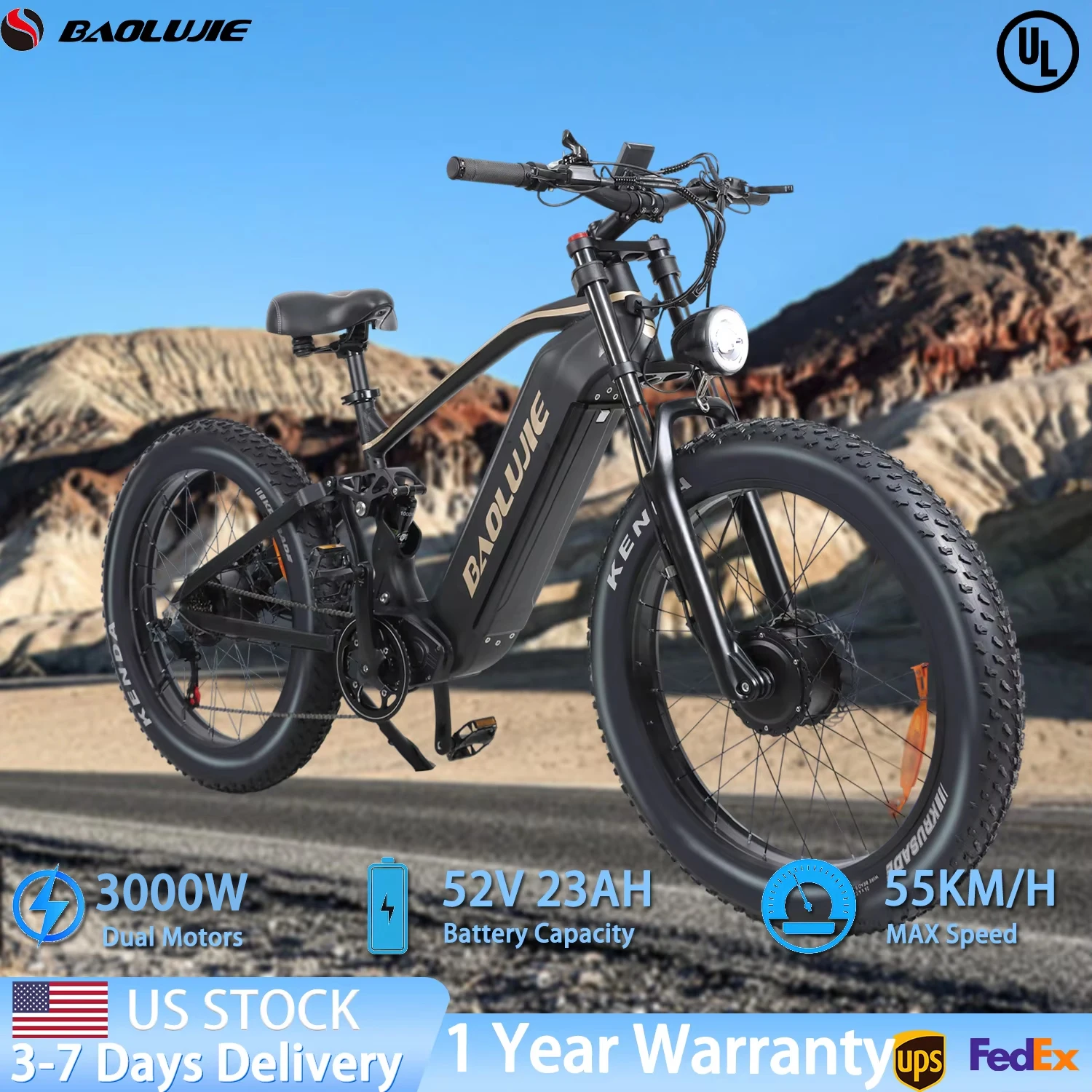 

BAOLUJIE P2 Electric Bike 3000W Motor Mountain E-bike，26”*4” Fat Tire，52V 23Ah Battery 55KM/H，Electric Bicycle【1 Year Warranty】