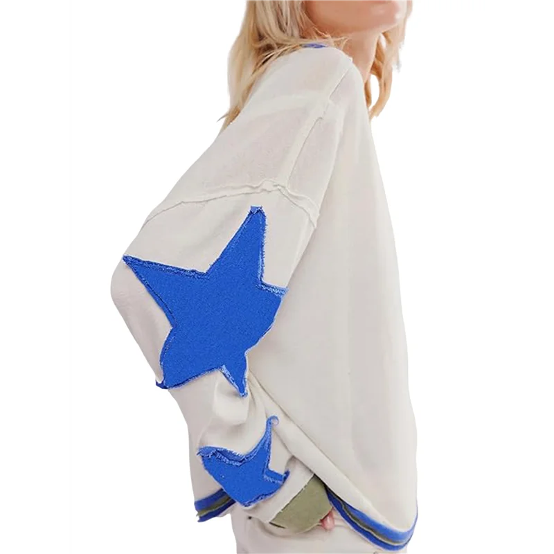 ASDS-Women Oversized Cotton Long Sleeve Shirts Tops Star Crewneck Pullover Y2K Fall Winter Grunge Clothes