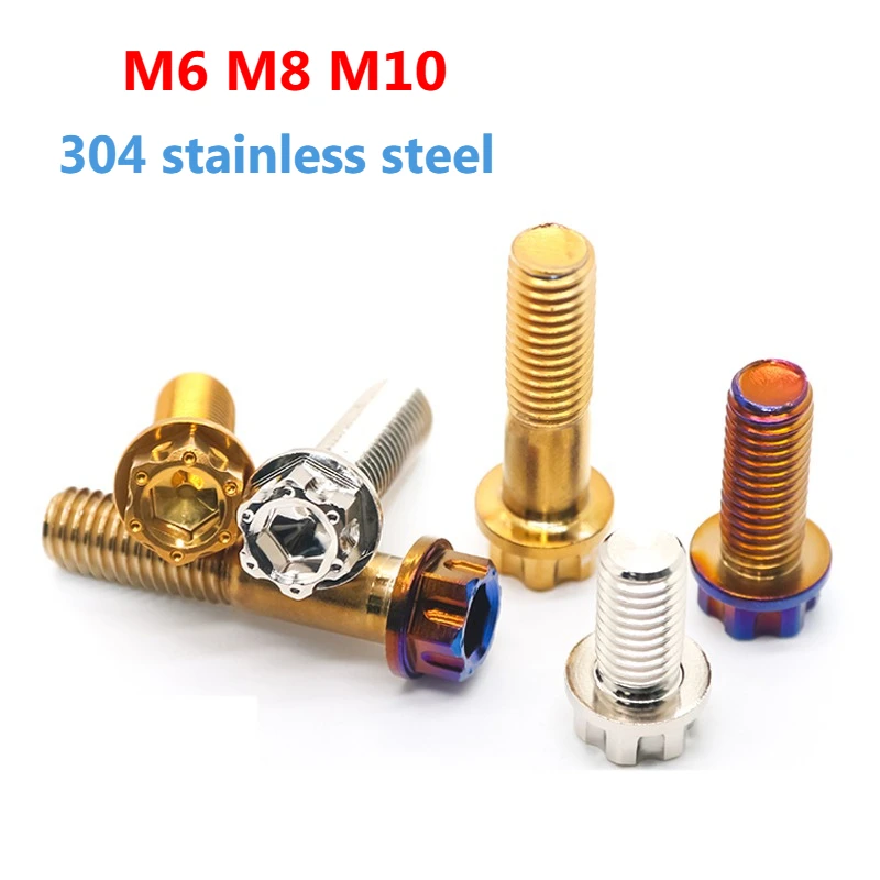 1pcs M6 M8 M10 304 Stainless Steel Vacuum Electroplating Inner And Outer Hexagonal Flange Screw for Auto Motorcycle Parts