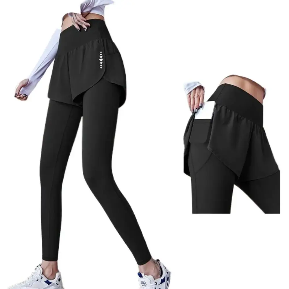 Faux Two Piece Women Yoga Pants High Waisted Skirt Overlay Athletic Leggings Quick Dry Side Pocket Sport Leggings Badminton