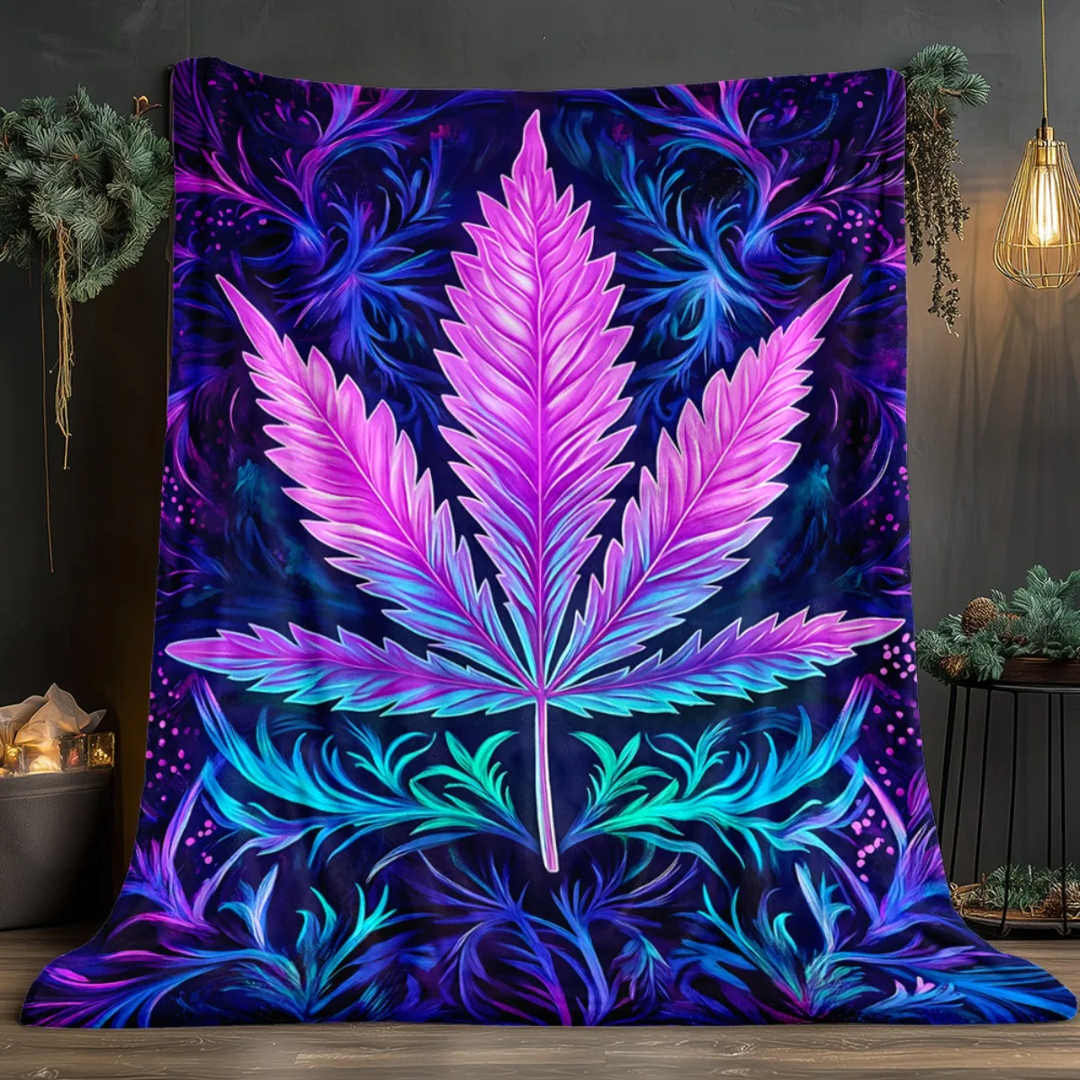 Purple cannabis leaf pattern flannel blanket soft cozy throw blanket psychedelic art design decor gift for weed lovers marijuana