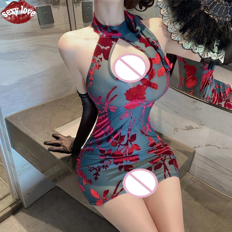 レディース用 セクシーなプラスサイズ 高級感のあるプリント柄パジャマ チャイナドレス風ジャンプスーツ 下着 セクシーランジェリー セクシーコスチューム プラスサイズランジェリー