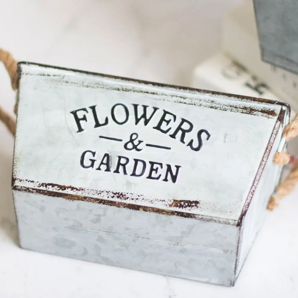 Flower Bucket Pot Galvanized Iron Flower Pots Thickened Shabby Rectangular Flower Bucket Retro Plant Container Garden