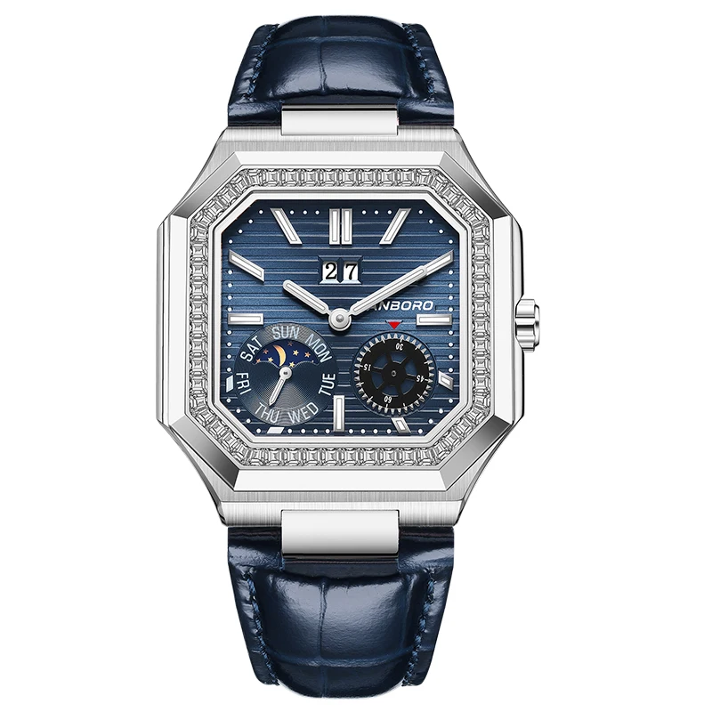 هانبورو ساعة أوتوماتيكية للرجال 38.5 ملم ساعة يد ميكانيكية مربعة 5ATM مقاومة للماء مضيئة الياقوت شنغهاي JHS17 تاريخ الأسبوع #6