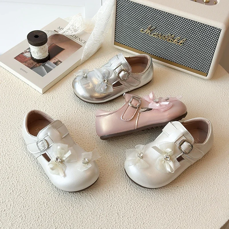 Girls Sparkly Mary Jane Princess Shoes, Mesh Bow Rhinestone Decor Adjustable Buckle Soft Flat Dress Shoes