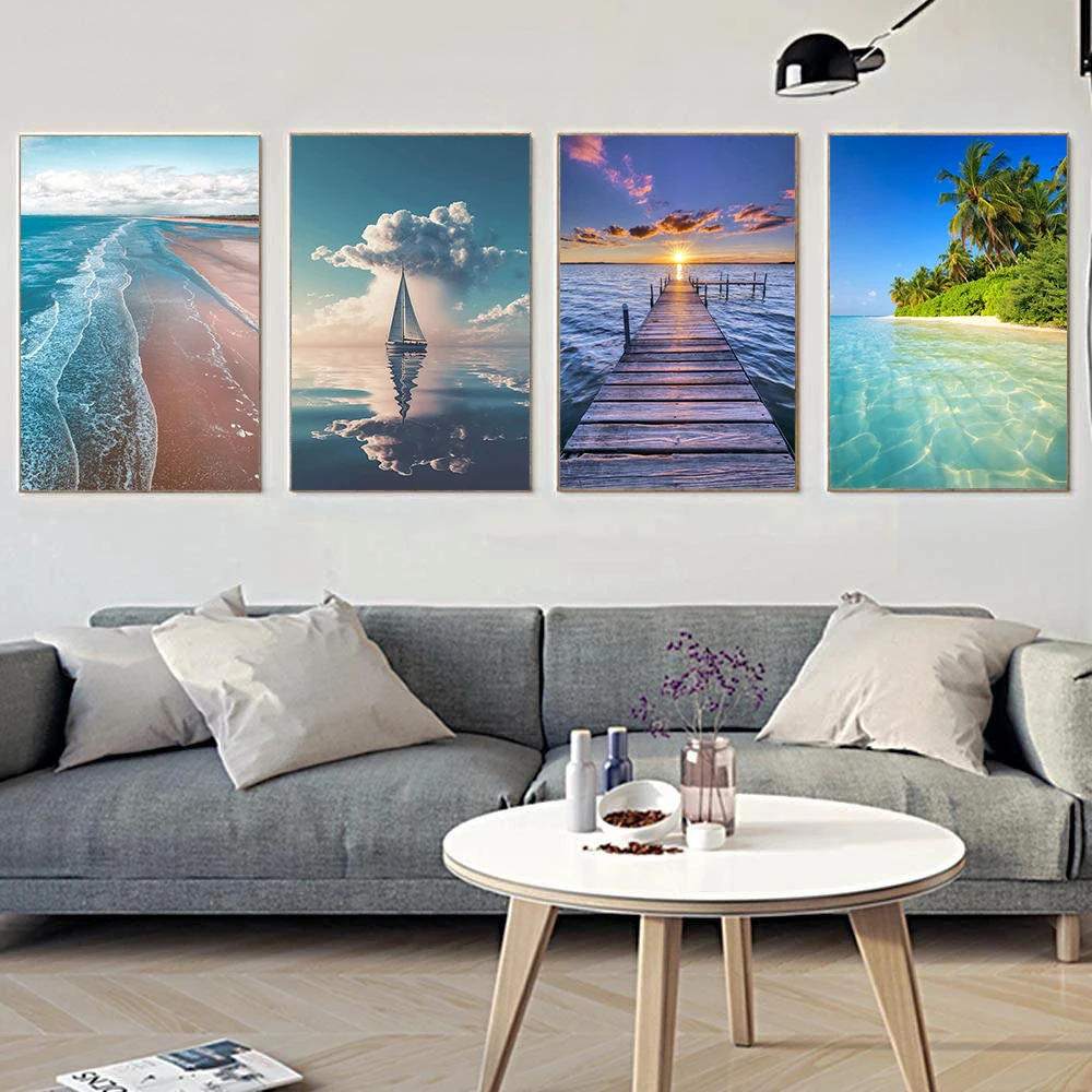 

Sea Beach Coconut Trees Setting Sun Landscape Canvas Painting Modern Posters and Print Wall Art for Living Room Decor Home Decor