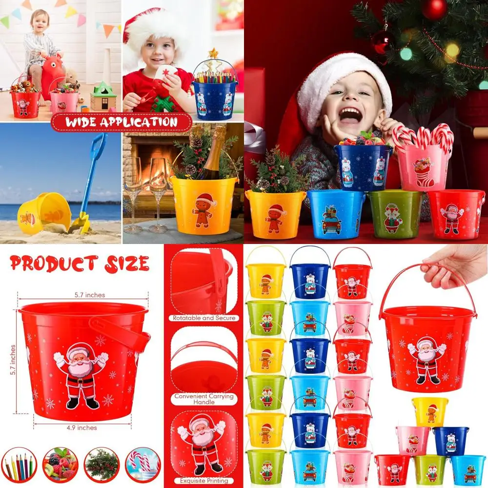 

Christmas Round Plastic Pails with Handles, 48-Pack, 5.71x4.53x4.53, Ideal for Holiday Party Decor, Candy, Toys, and Kitchen Use