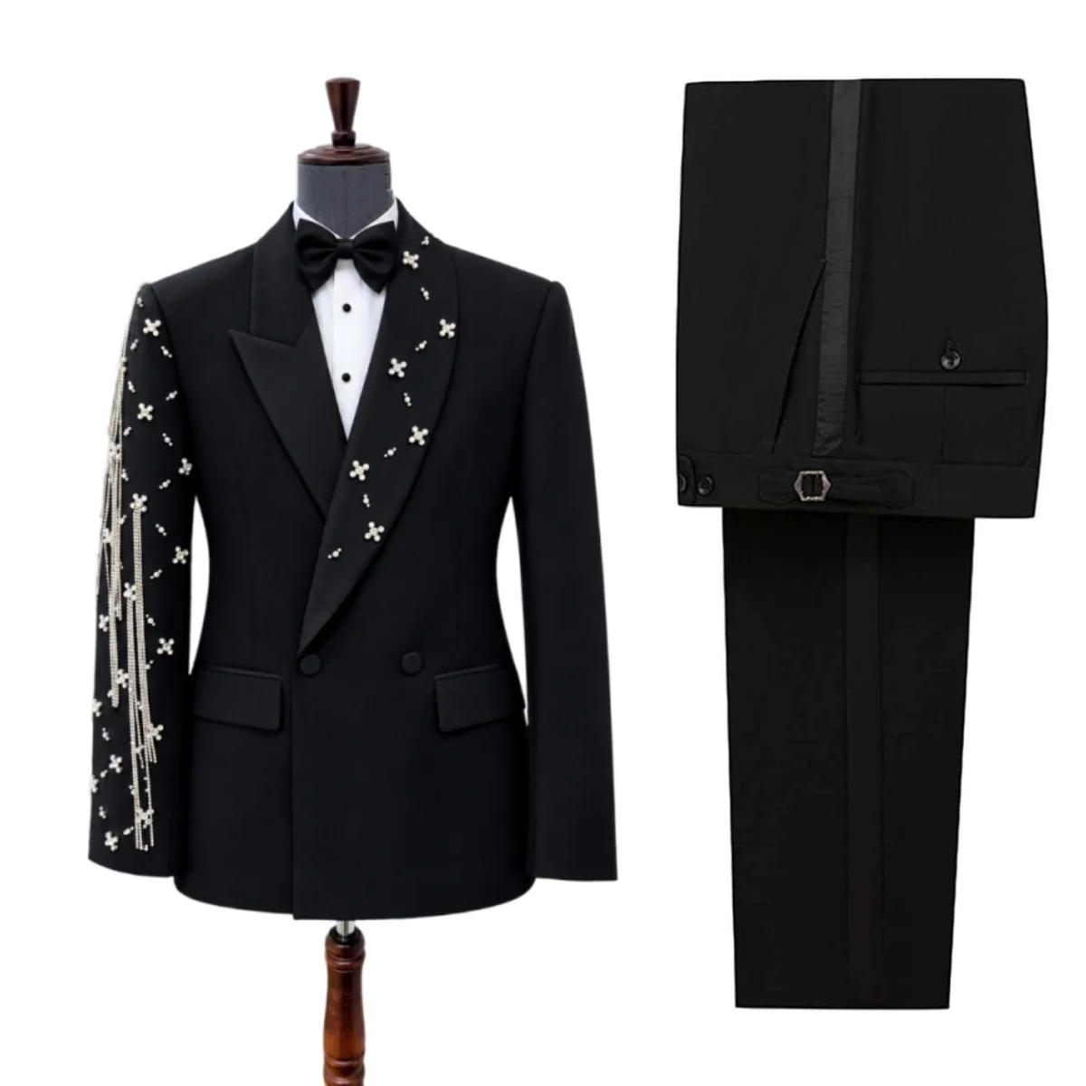Formal Man Tuxedos Crystal Beading Double Breasted Wedding Suit Design Lapel 2 Piece Jacket Pants Evening Groom  Customized