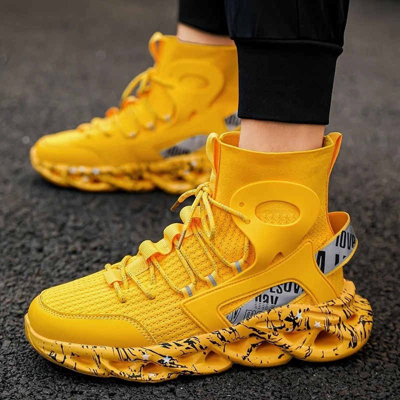 

High Top Yellow Sneakers for Men Trend Knit Men Casual Sneakers Breathable Comfortable Sock Sneakers Men Blade Shoes Big Size 46