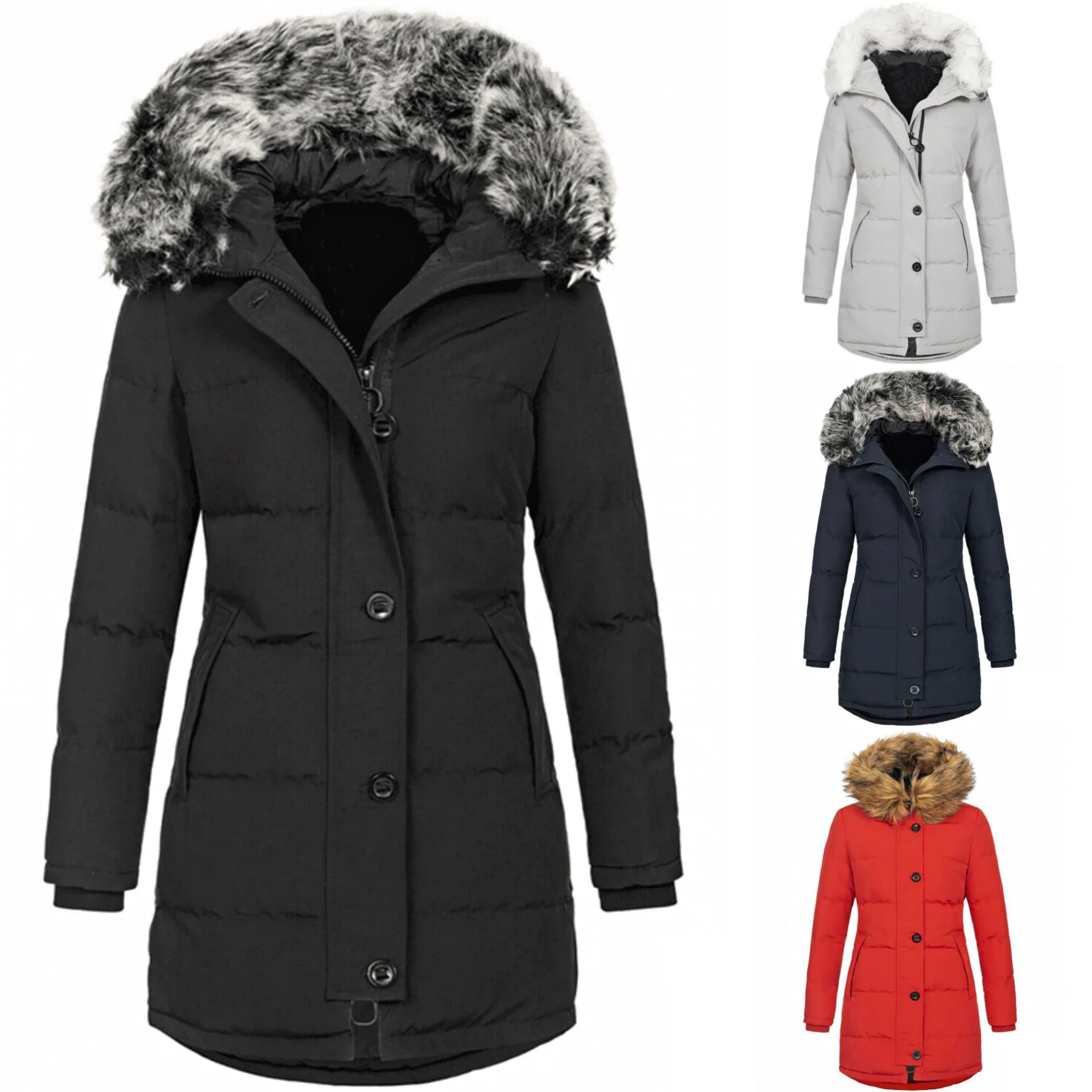 Cross-Border Foreign Trade Clothing European And American Autumn Winter New Women's Hooded Warm Slim Cotton Coat Mid-Length