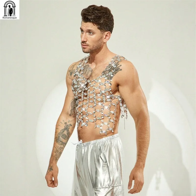 Diamond See-through Vest Men Tank Tops Metal Chain Nightclub Shiny Heavy Men Clothes Backless Sleeveless Hollow Out T-Shirt