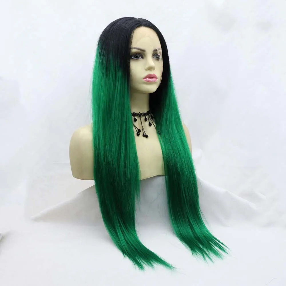 Sylvia Wigs Synthetic Black/Green Lace Front Wigs Long Silky Straight Wigs Heat Resistant Fiber Ombre Lace Wigs