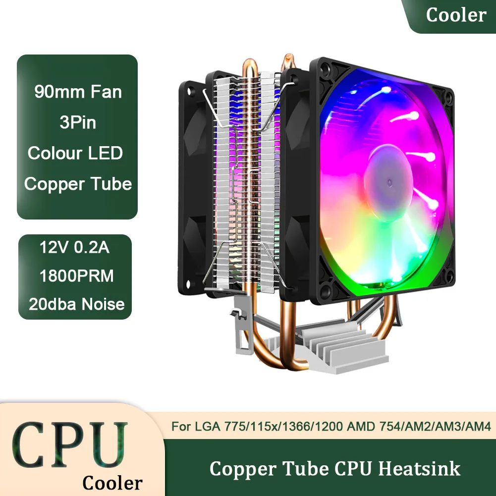 프로스트 P2 CPU 쿨러 듀얼 구리 튜브 히트 파이프 CPU 히트 싱크, LGA 775/115x/1366/1200 AMD 754/AM2/AM3/AM4 용 3 핀 90mm 팬 라디에이터