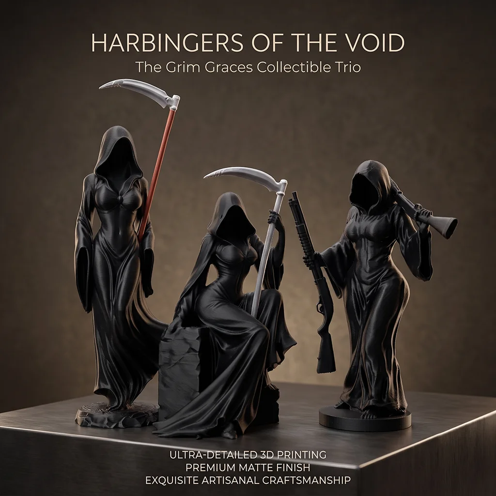 3-Piece Female Grim Reaper Statue Ornament, Gothic Scythe & Shotgun Wielding Desk Decor. High Precision 3D Printed Figure Perfect for Collection. Quirky Humorous Holiday Gift & Spooky Halloween Decoration for Dark Art Fans