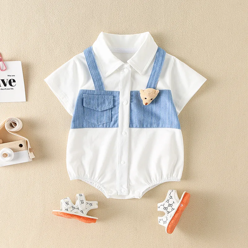 Baby Summer Onesie Boy Baby Patchwork Color Shirt Collar Cute Short Sleeve Wrap Fanny Dress Summer Full moon Out ha Dress