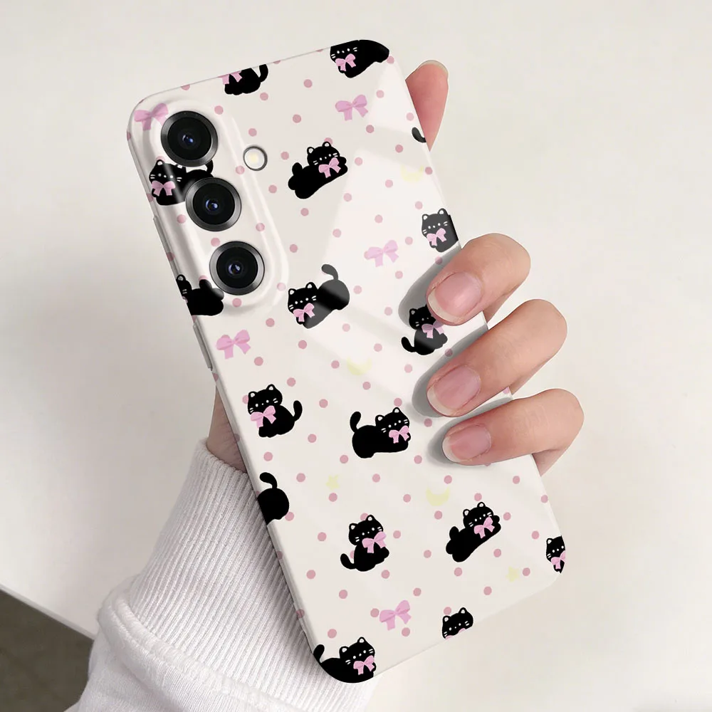 Cute Cat Bow Pattern Case For Samsung S26 S25 S24 S23 S22 Plus S21 Ultra Edge S23 S24 S25 FE Hard PC Shockproof Phone Cover