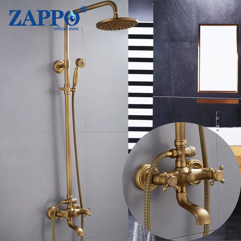 ZAPPO Antique Shower Set Wall Bathroom Bath Shower Faucet Rainfall Brass Shower System with Swivel Spout Mixer Tap Sliding Bar