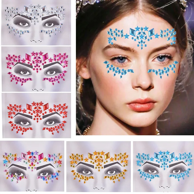 3D Shiny Crystal Face Tattoo Stickers Bar Music Festival Rhinestone Tattoo Stickers Carnival Party Face Decorations Face Jewels