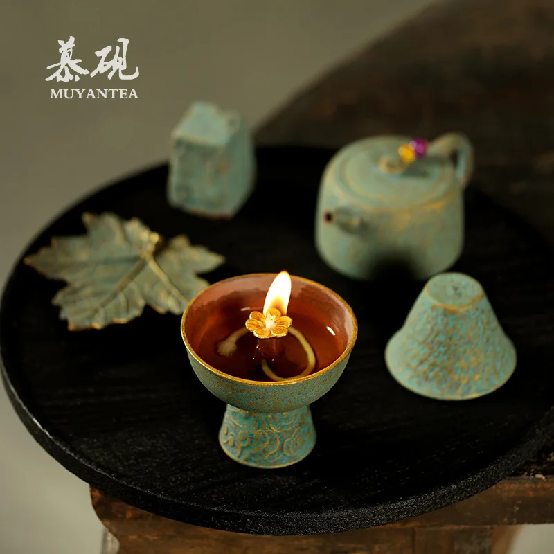 Mu Yan Handmade Ceramic Old-Fashioned Fragrant Oil Lamp, Vintage Wick Base, Household Buddha Offering Lamp
