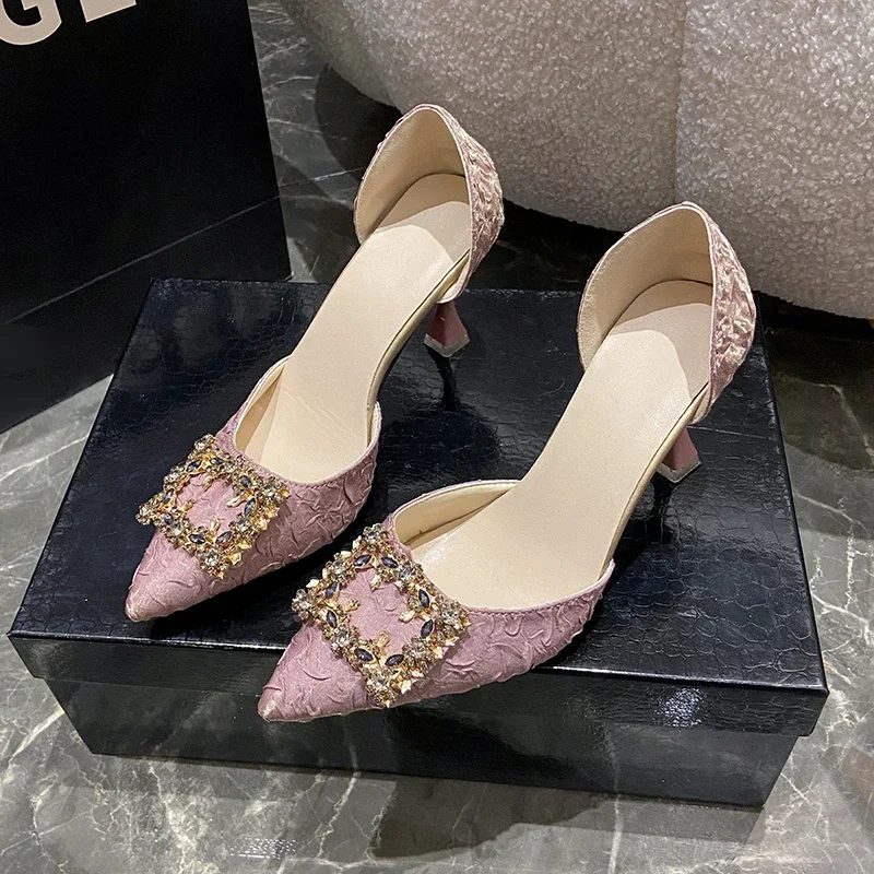 Women High Heel Pumps 6cm/9cm  Pointed Toe Stiletto Low Heel Women's Shoes Office Lady Rhinestone Shoes Pink Heels  Wedding