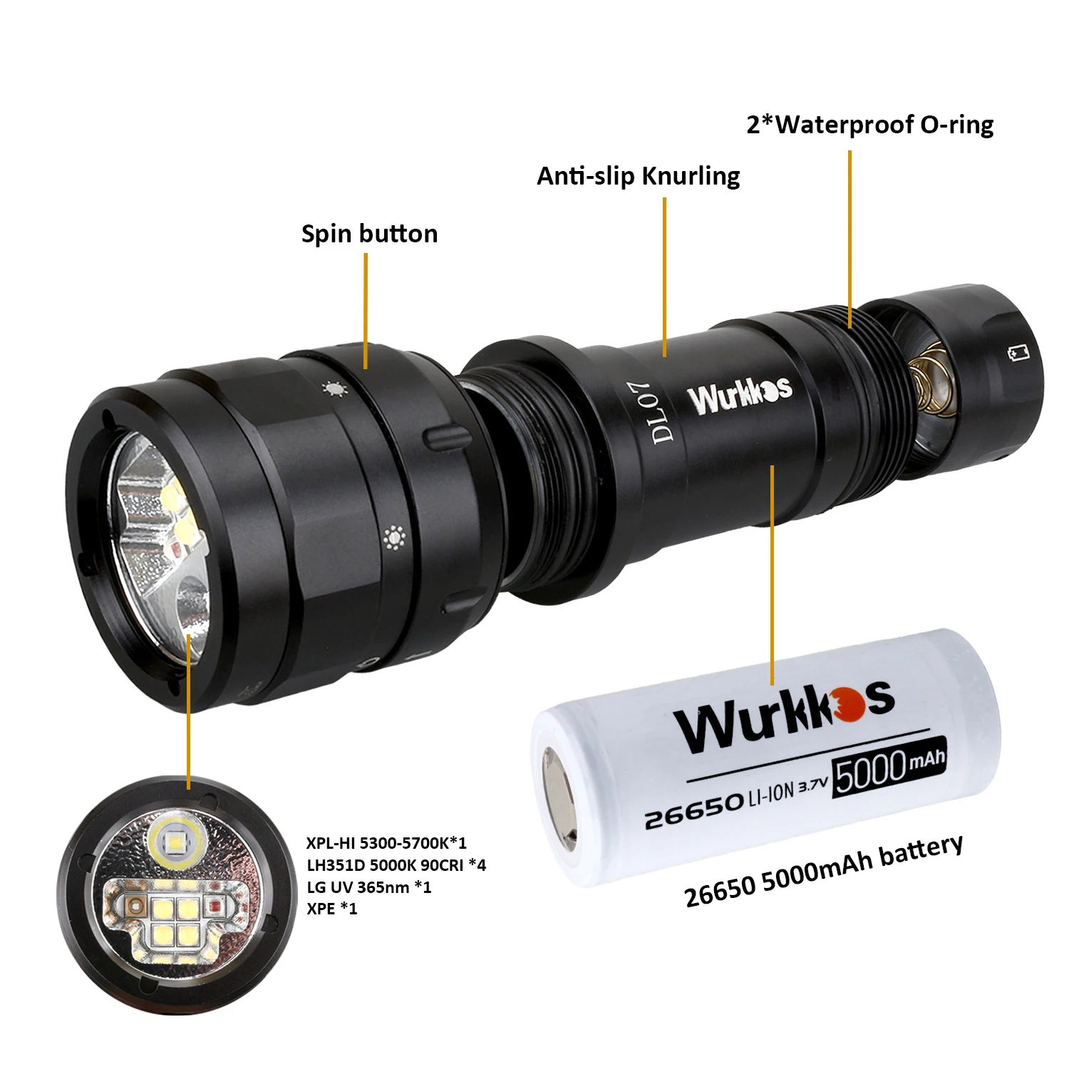 Imagem -05 - Wurkkos Scuba Diving Lanterna Multi Color Lâmpada Led Luz Vermelha Branca 3000lm Edc Lanterna Subaquática Ipx8 Interruptor Rotativo Dl07 26650