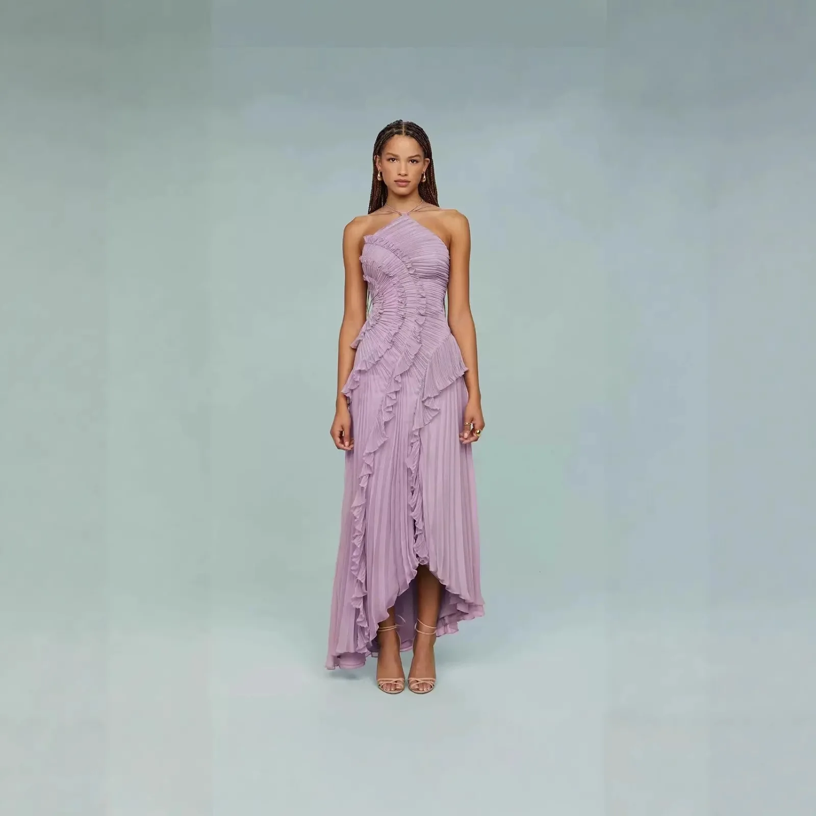 Elegant Chiffon Dress Women Ruffle Pleated Slimming Midi Dresses Spring Summer Flowy Evening Gown