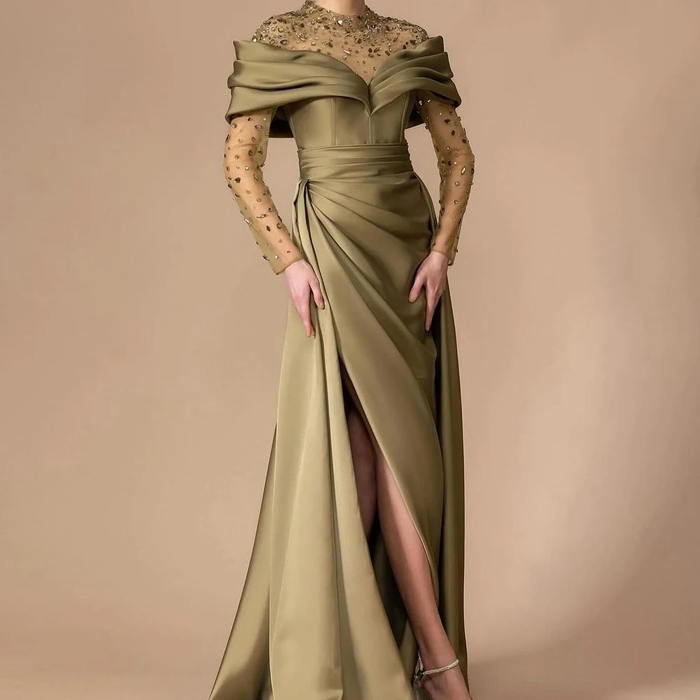 Delicate and Temperament A-Line O-neck Long Sleeves Evening Dress Crystal Satin Floor Length Celebrity Gowns Saudi Arabia 2024