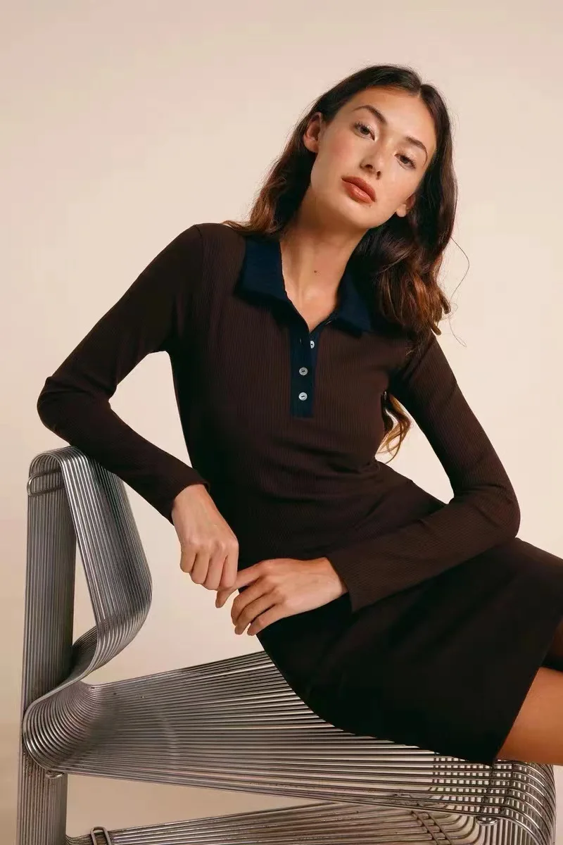 

French Sle Spring Summer 2023 Color Blo Long Sve Knitted Dr Women's Belted Waist Button up Turn down Collar Gown