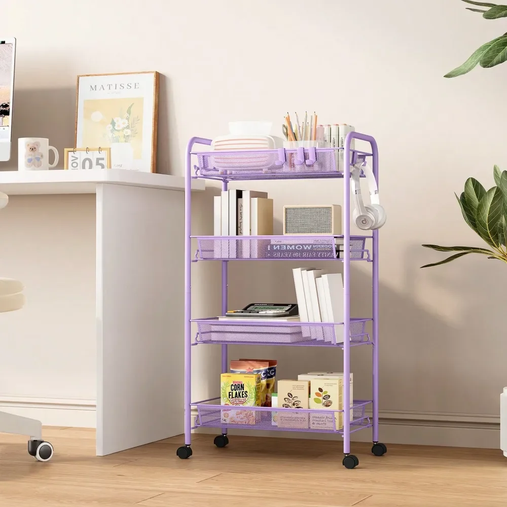 

Металлическая тележка KINGRACK с 4 ярусами и 3 крючками, мобильная тележка для хранения на колесах, легко собираемая, металлическая полка-стеллаж