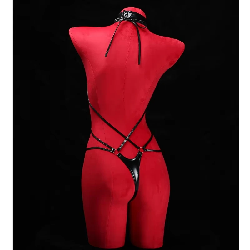 Anime Halter Leather Swimsuit for Girls, Cross Straps, Bandage Jumpsuit, Drum Suit, Lingerie Costumes, Hollow Out Pyjamas, Cosplay