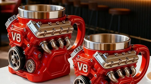 Retro Engine Coffee Mug Double Wall 180ML V8 Engines Stainless Steel Cup with Handle Realistic Design Insulation Car Mug