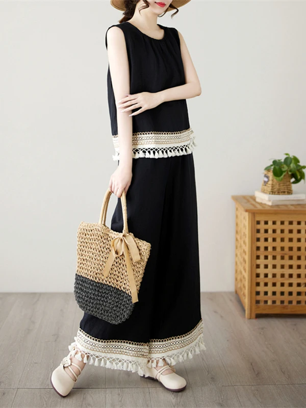 

Модный свободный комплект с широкими брюками, круглый комплект с кисточками в этническом стиле, повседневный наряд из двух предметов для женщин