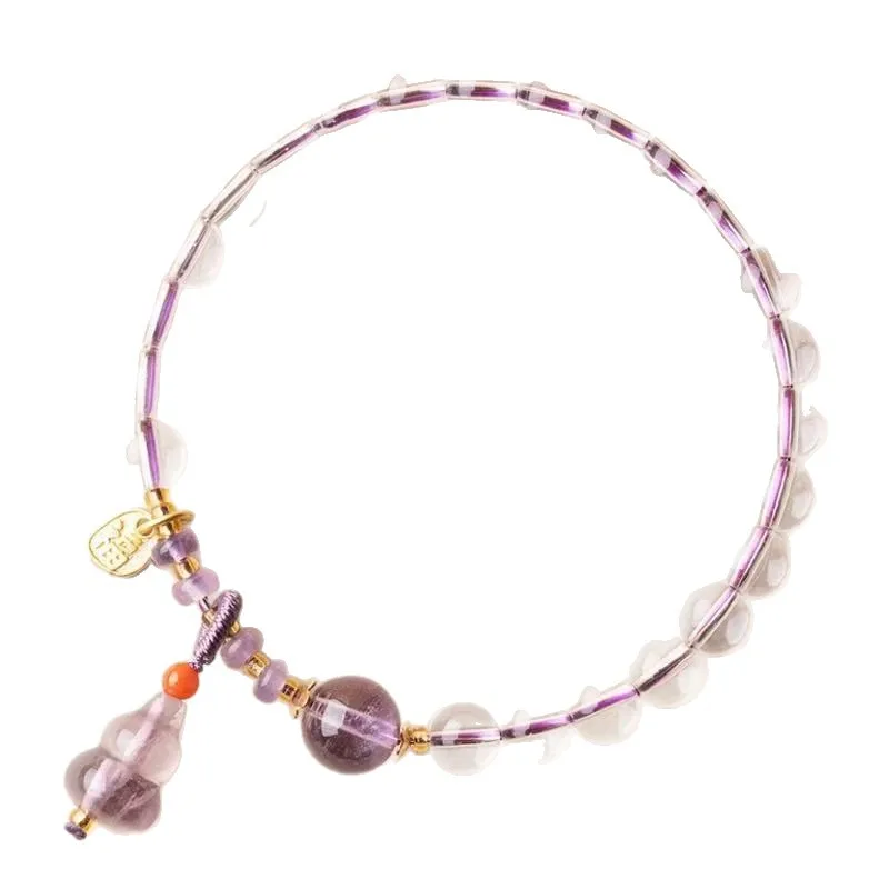 Natural Clear Quartz Single Strand Beaded Bracelet Chinese Style Amethyst Gourd Charm Lucky Blessing Wealth Attracting Feng Shui