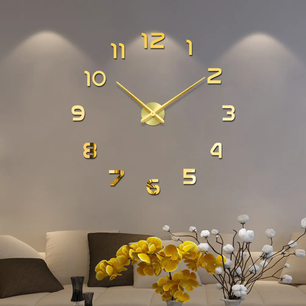 Big Size Golden DIY Frameless Wall Clock Silent Self-Adhesive Home Living Room Kids Bedroom Dining Office Quartz Wall Clock